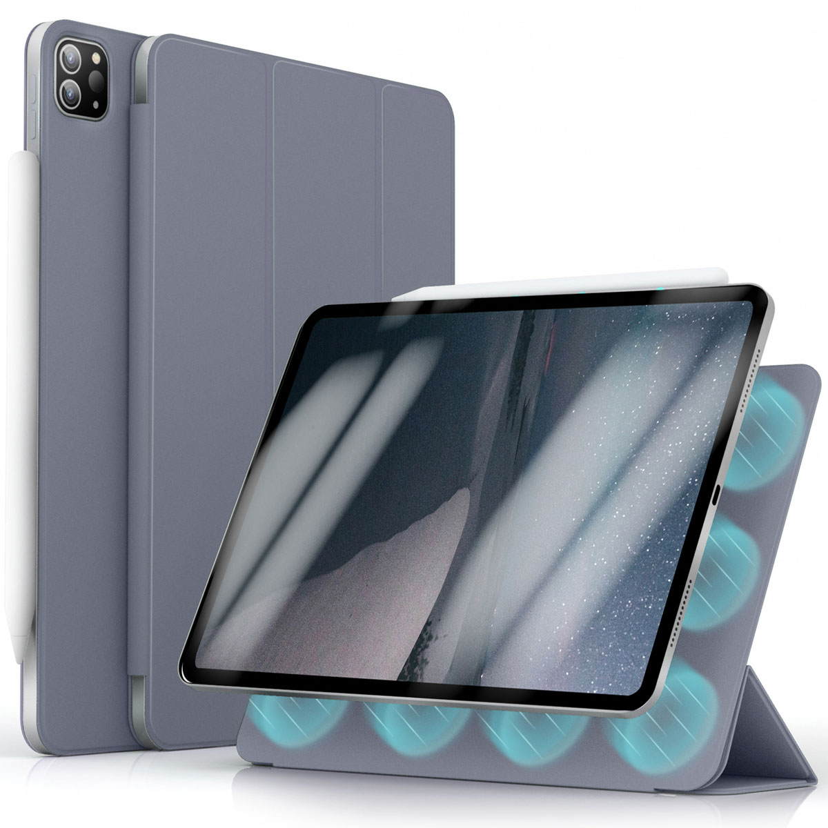A tablet with a stylus and cover, in a stand position. The background is white.