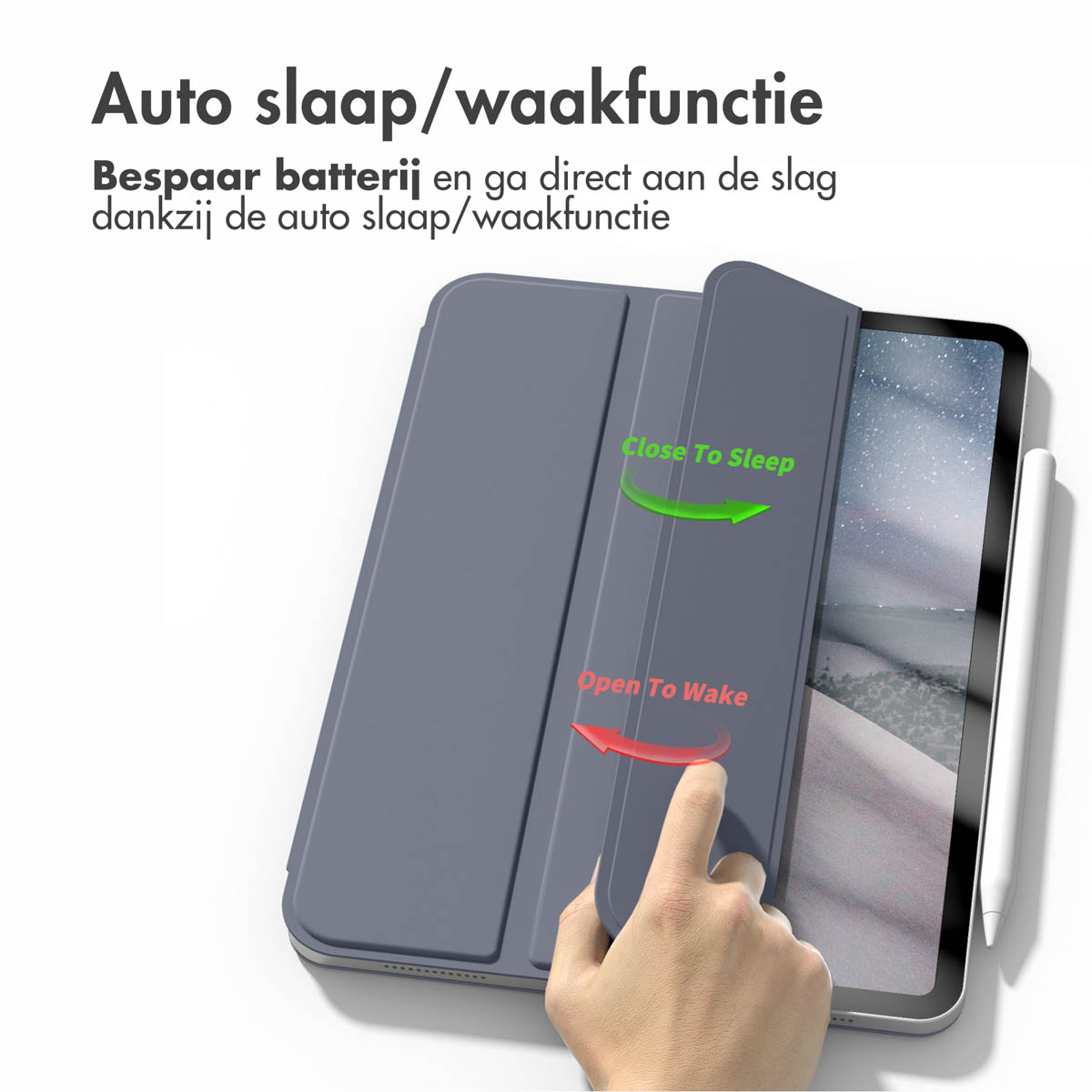Gray tablet case with a tablet, showing arrows, with text in the background.