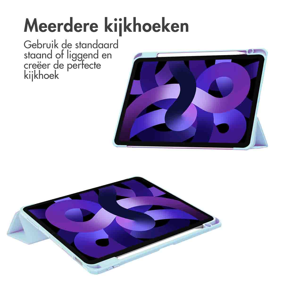 Two tablets with cases; one is open and angled, the other is flat. Both are light blue.
