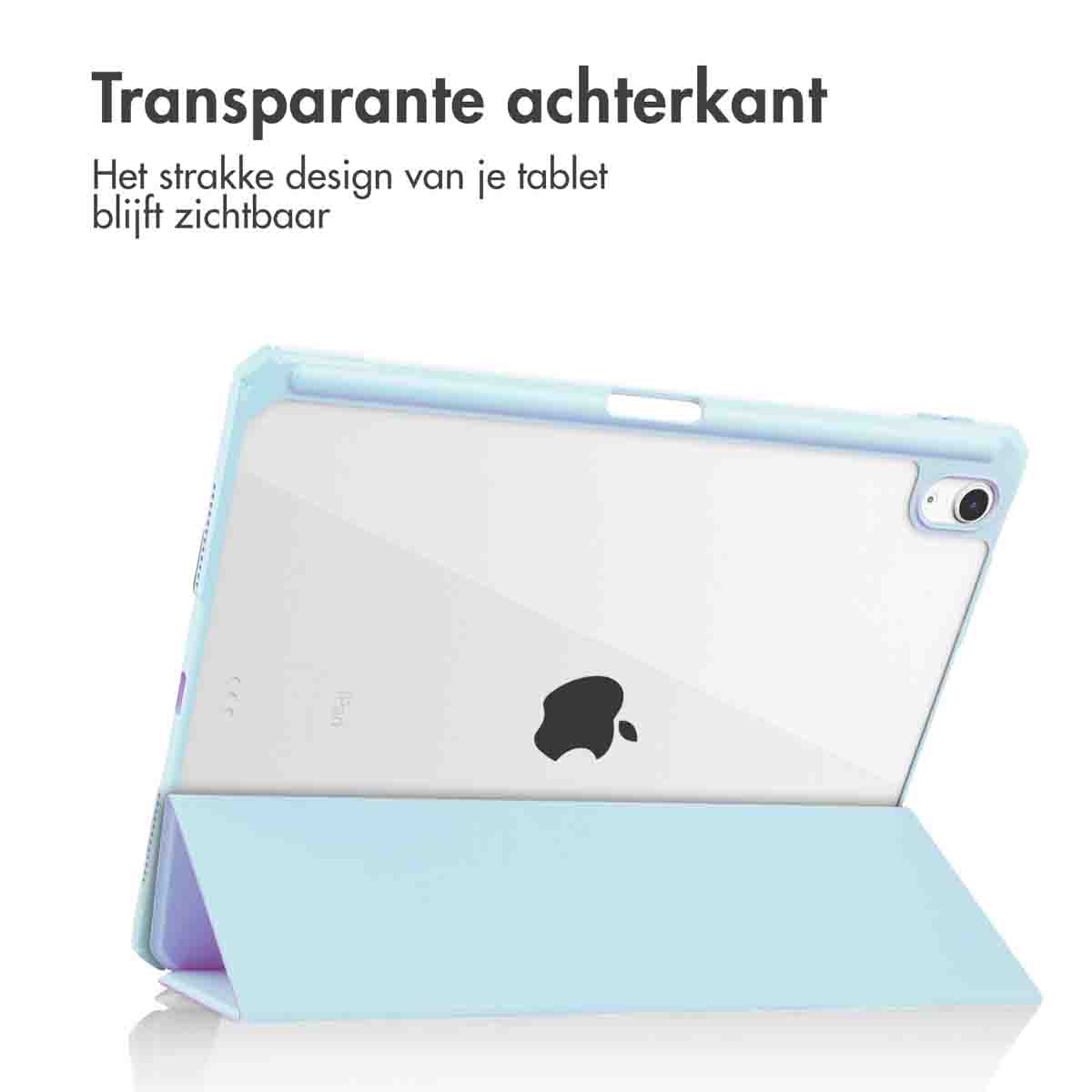 Clear tablet case, showing the tablet's back, with a light blue cover.
