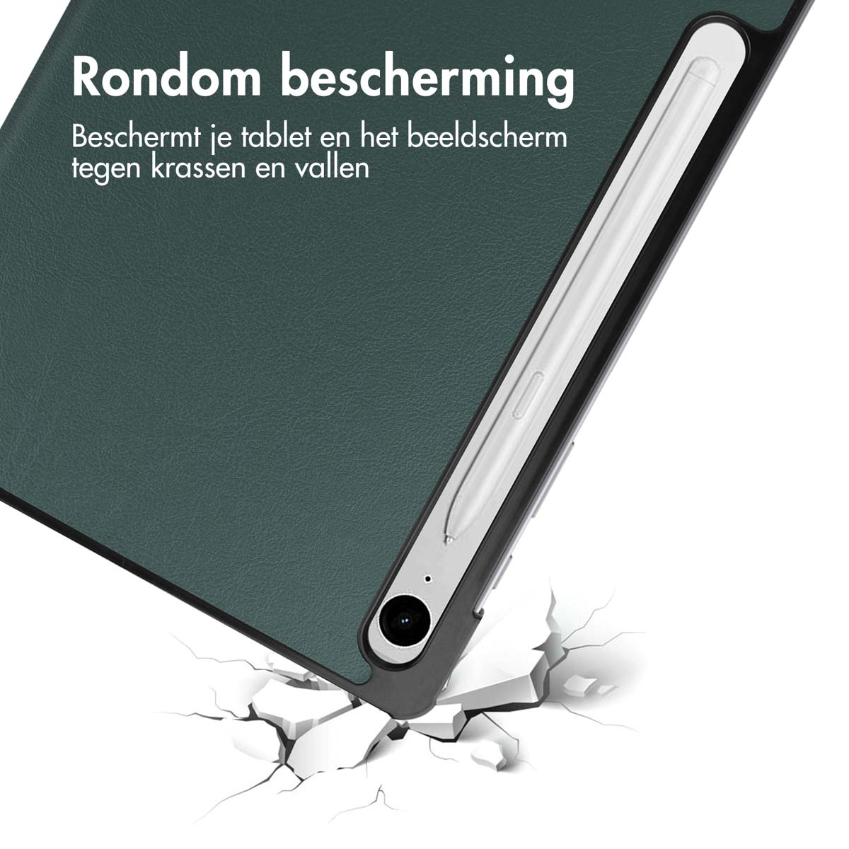 Green tablet case with stylus, protecting against drops.