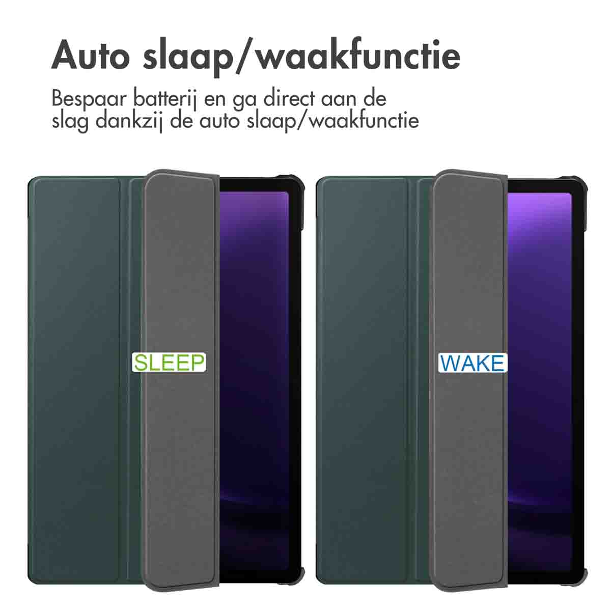 Tablet case in sleep and wake mode, showing Dutch and English text.