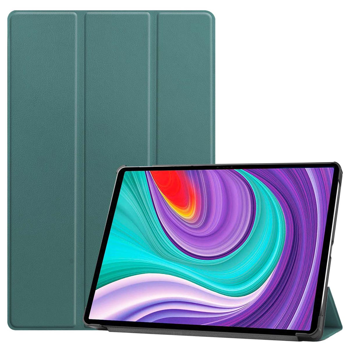 Donkergroene tabletcase met een tablet erin, open en gesloten weergegeven.
