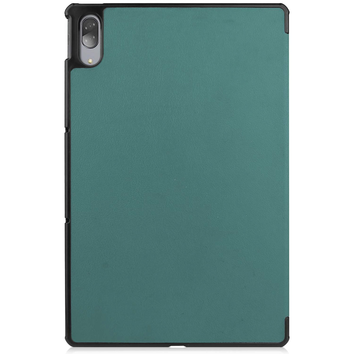Een groene tablethoes, die de achterkant en zijkanten met een zwart frame laat zien.