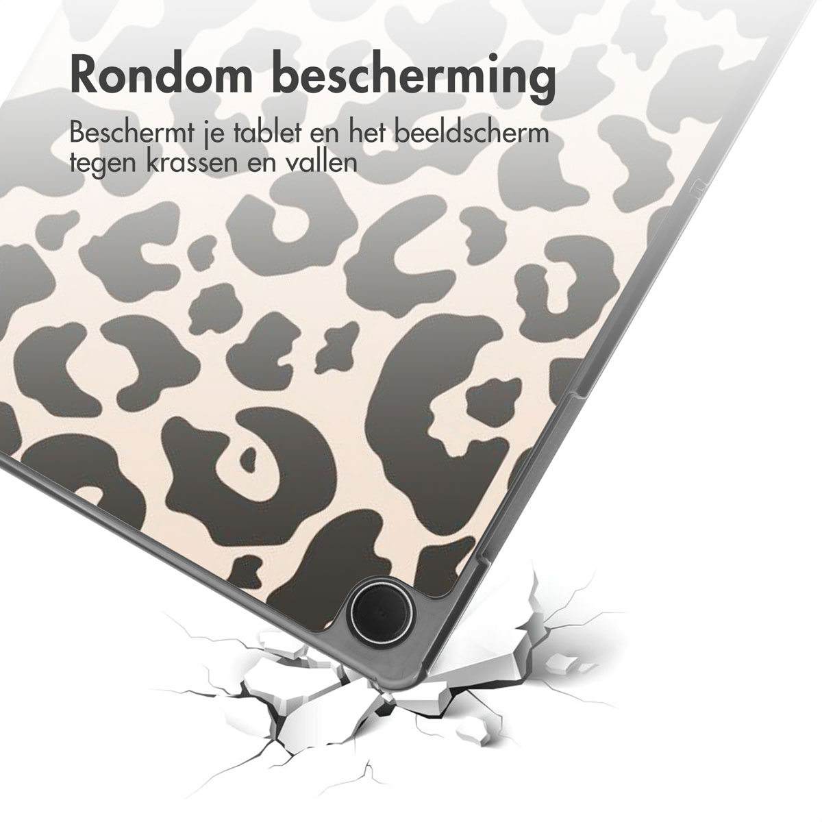 Tablet case with leopard print. Text: All-around protection. Protects your tablet and screen from scratches and falls.