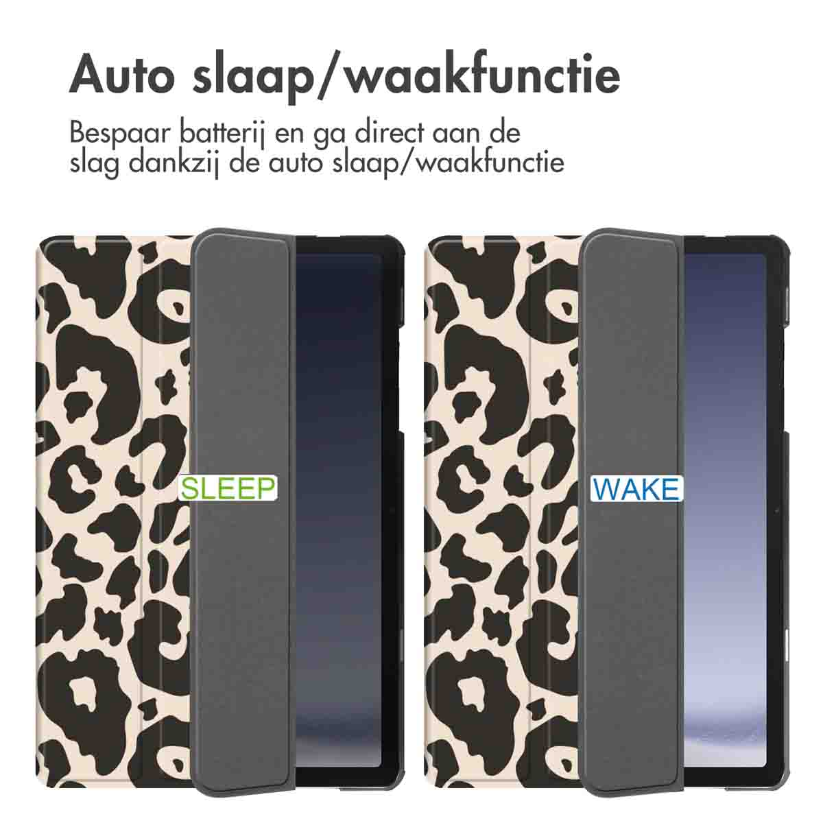 Two tablet cases. One with a leopard print, the other with a solid grey, showing sleep/wake function.