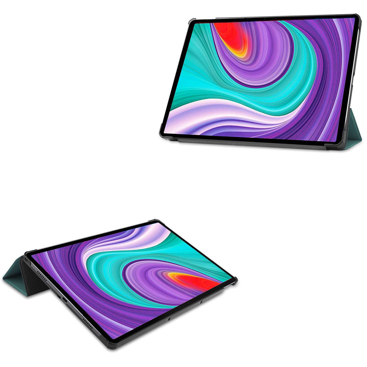 Twee tablets in een hoes, met een scherm met een kleurrijk abstract ontwerp.