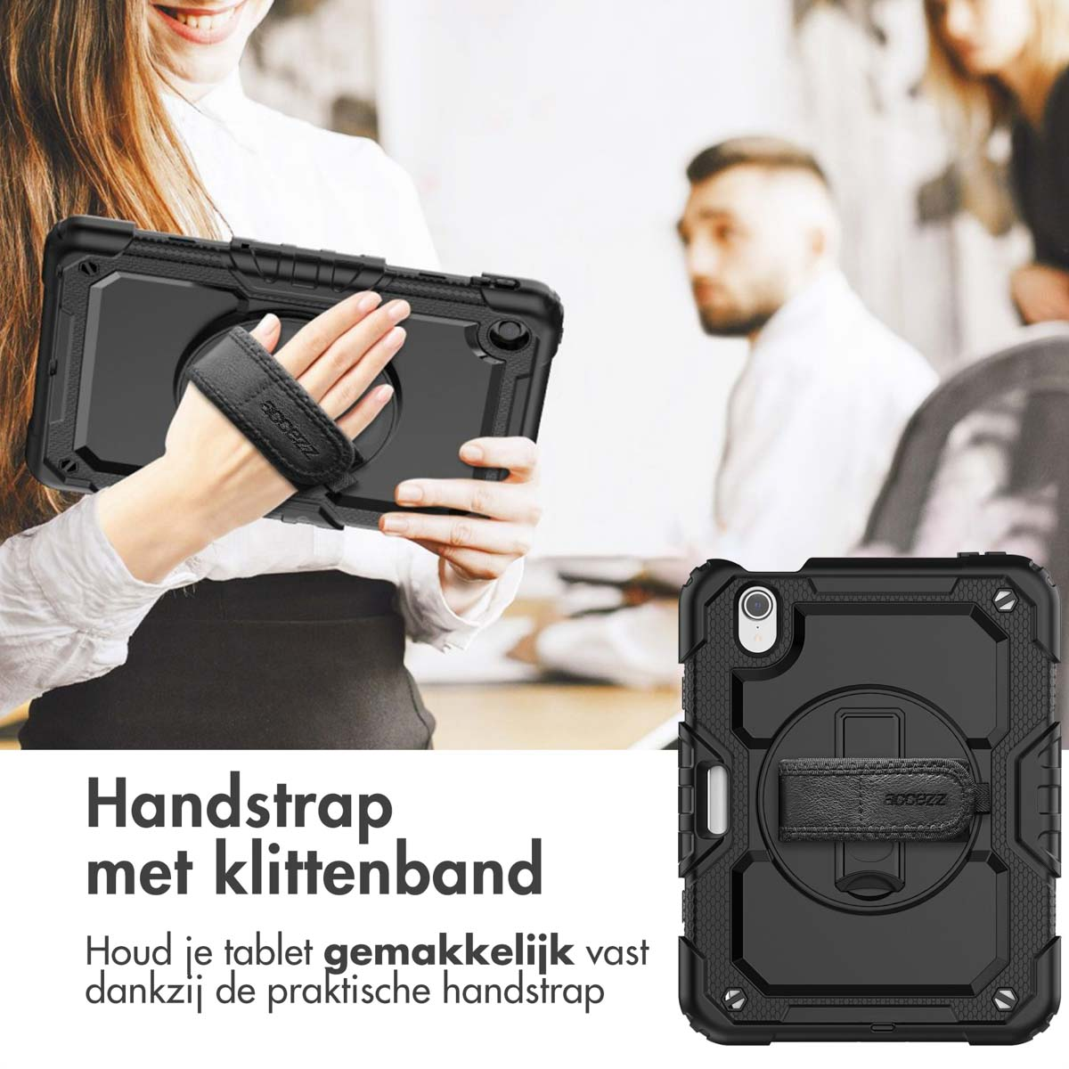A woman holding a black tablet case with a hand strap. A man is in the background.