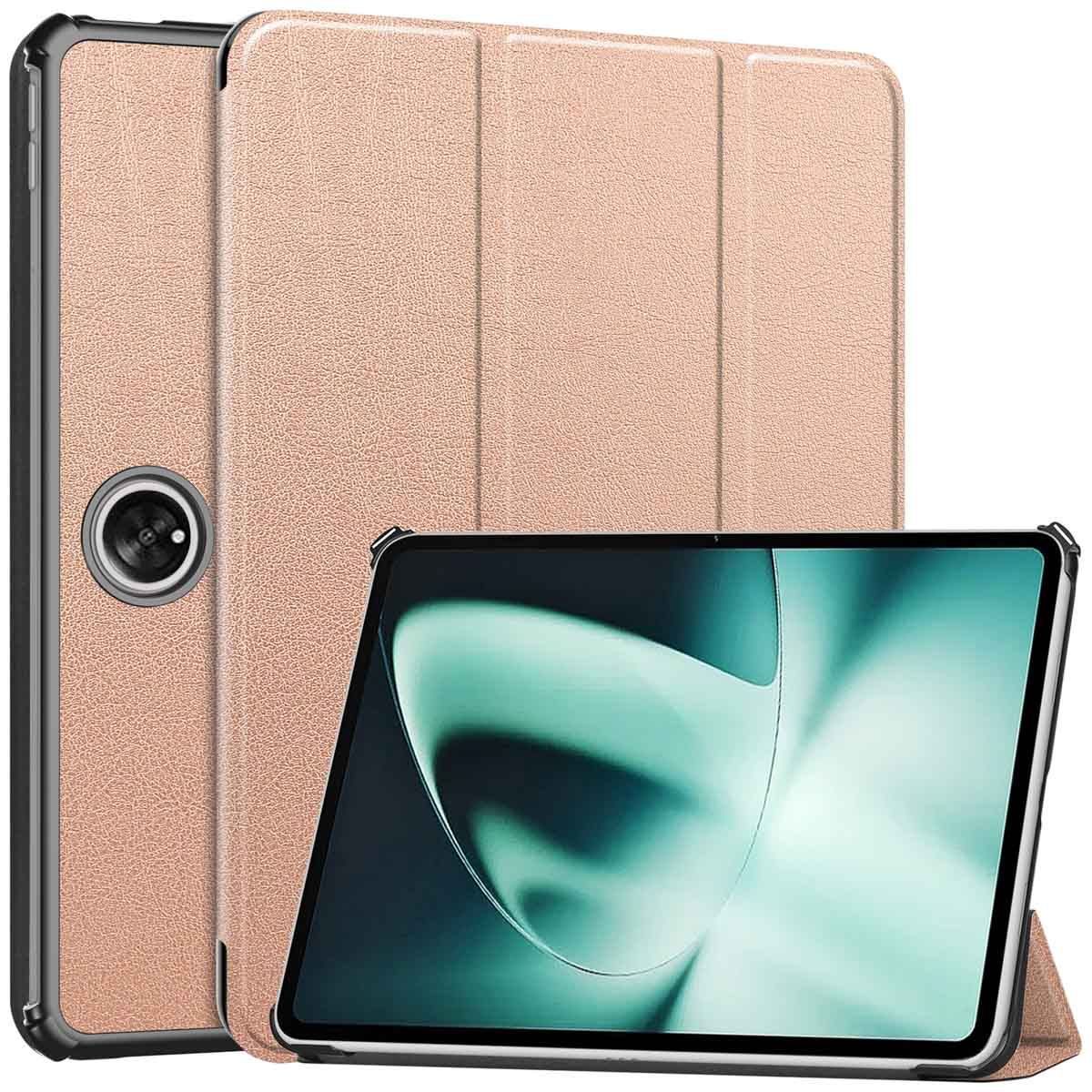 Een tablet met een roségouden hoes, waarbij de hoes teruggevouwen is om het scherm te laten zien. Witte achtergrond.