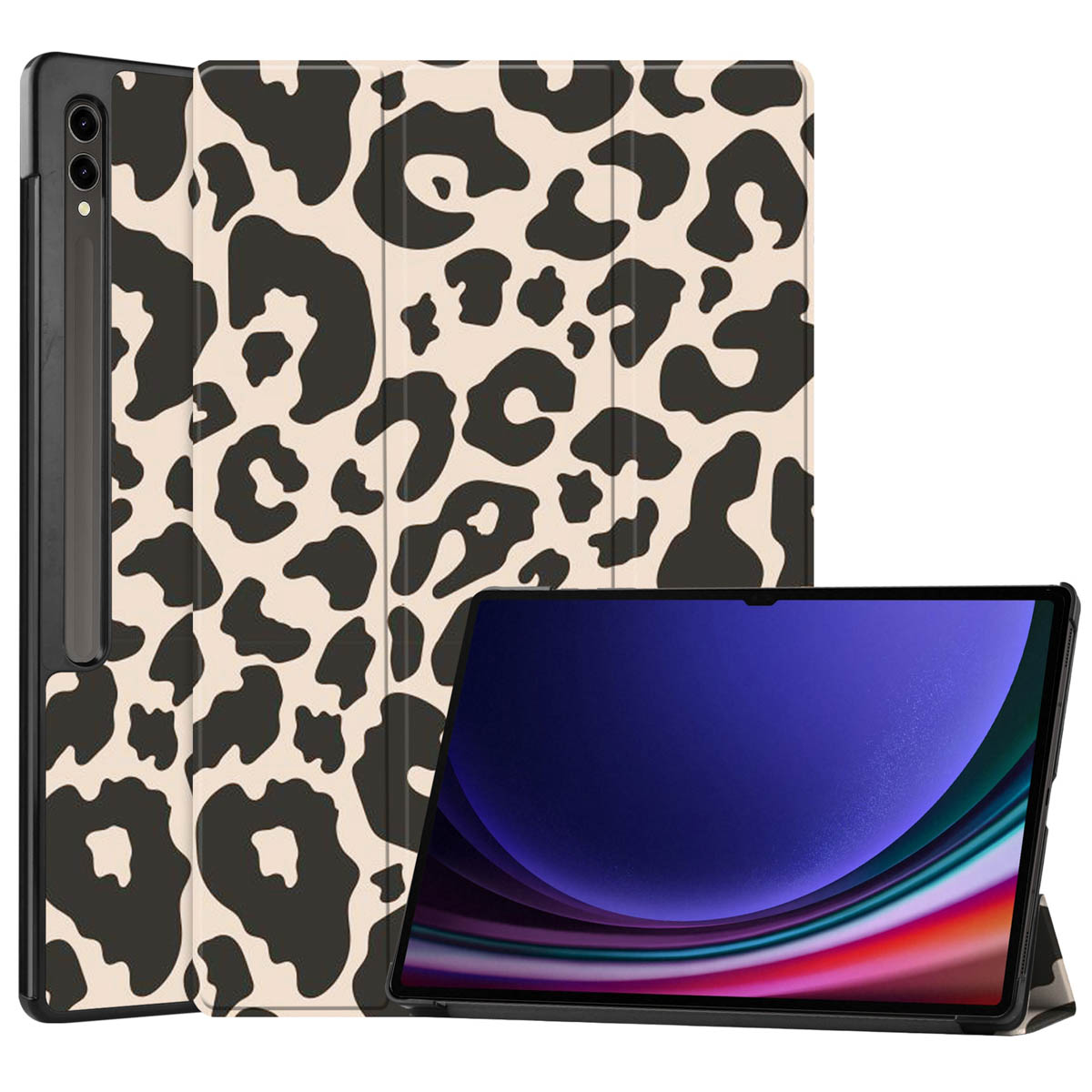 A tablet in a leopard print case, propped up on a stand.