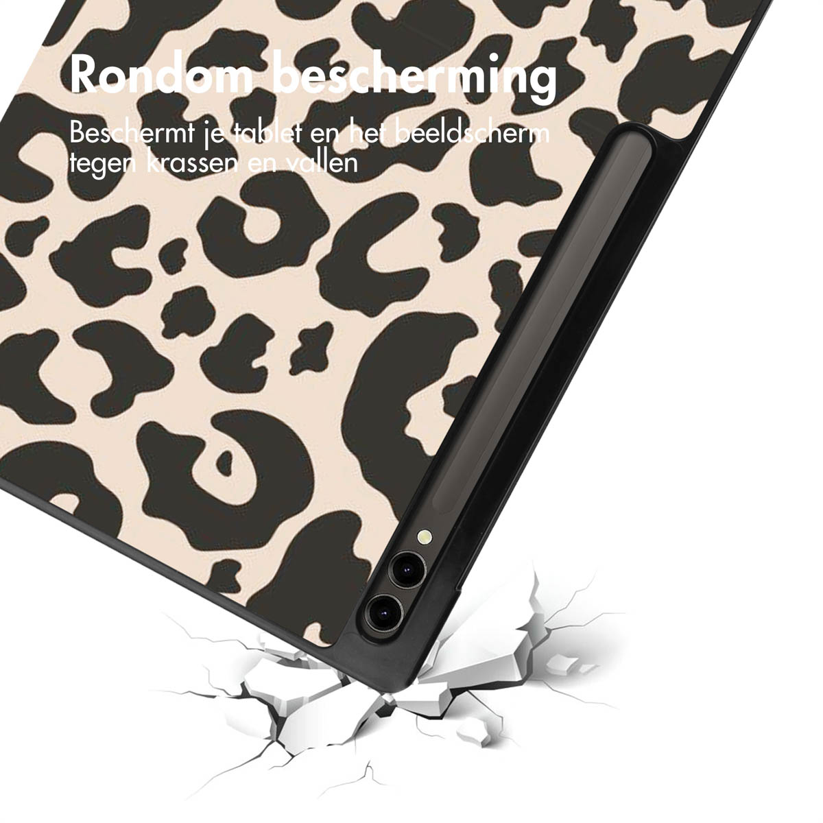 A tablet with a leopard print case falling onto a white surface.