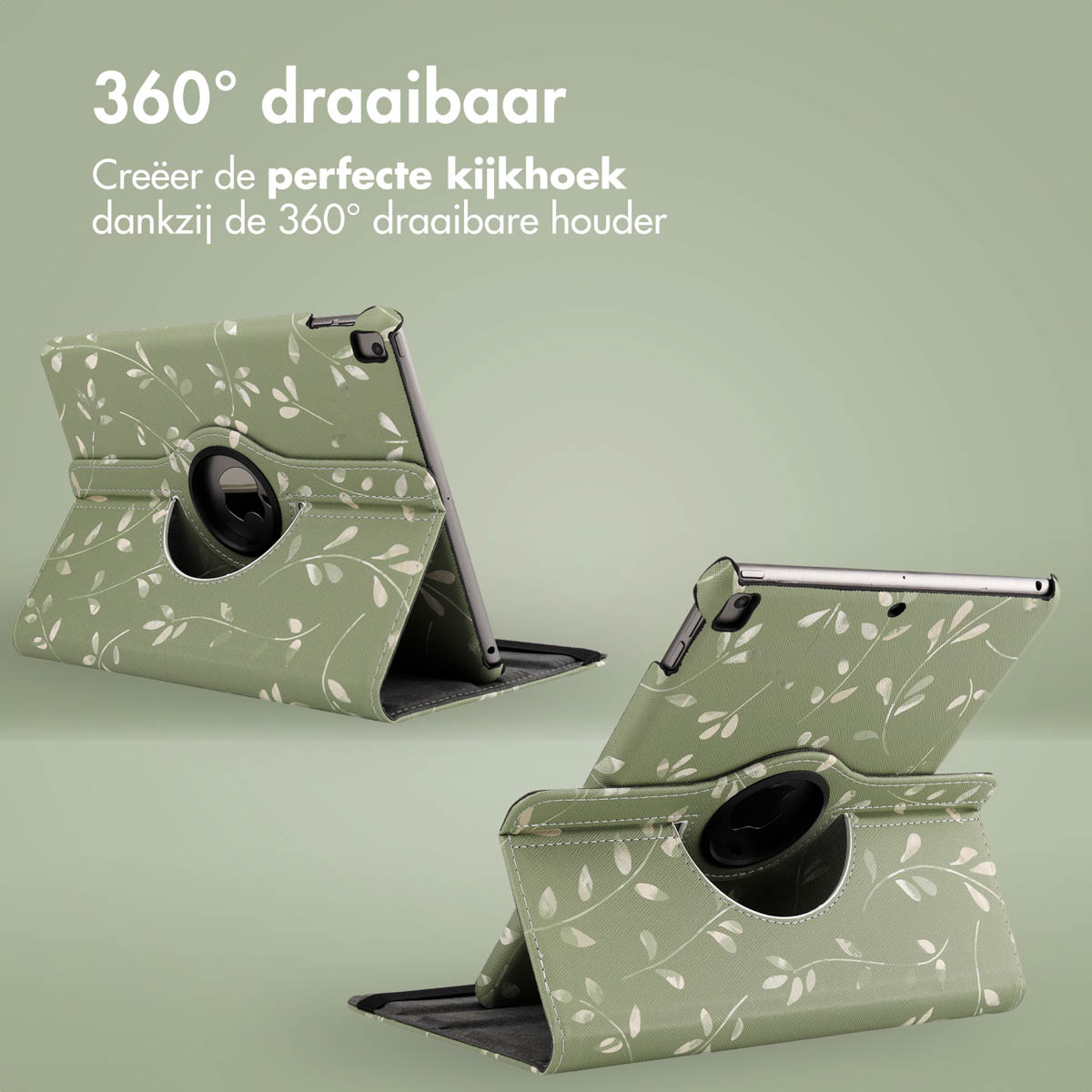 Tablet in a green case with a floral pattern, in different positions. Text: 360° rotatable.