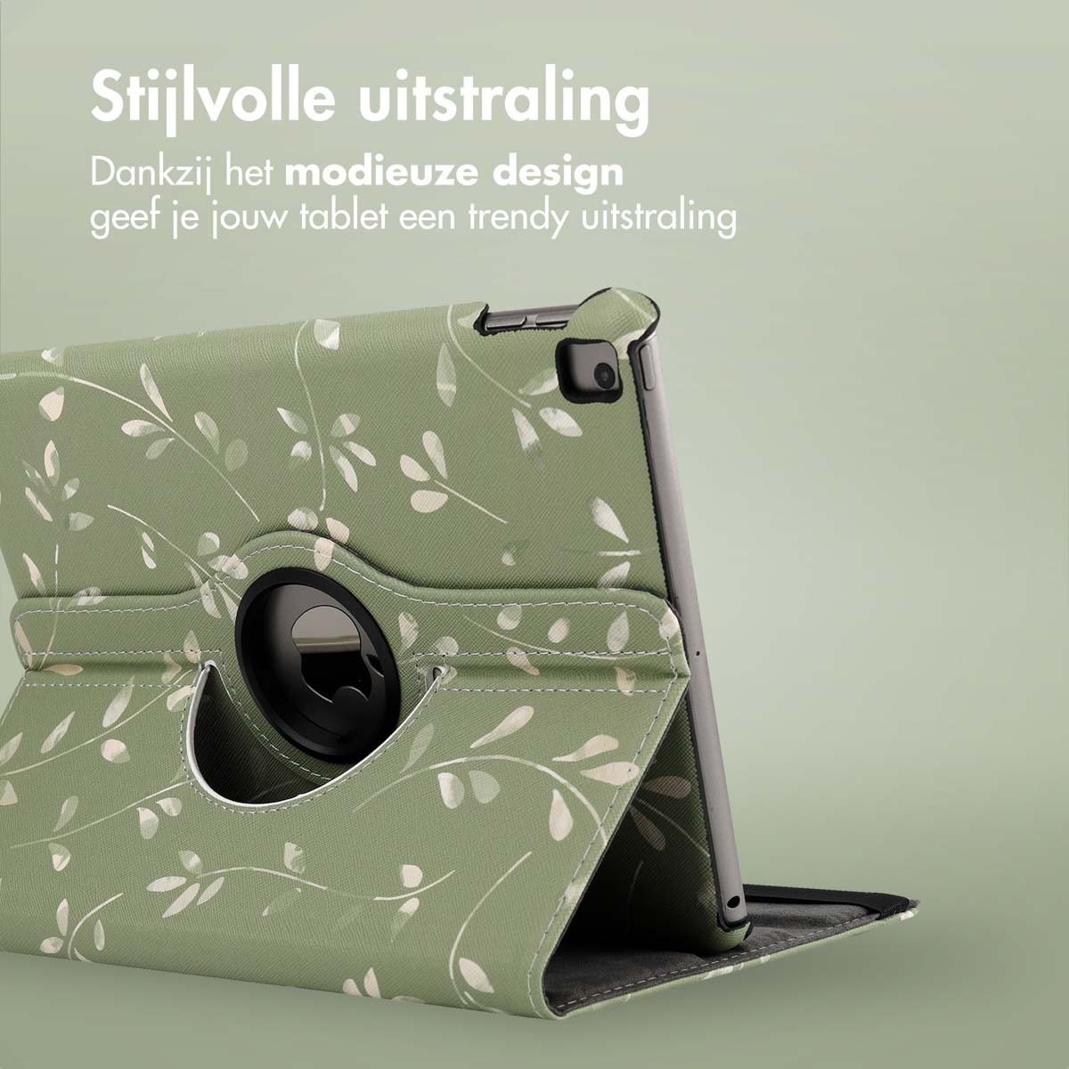 Green tablet case with white floral pattern, open. Green background.