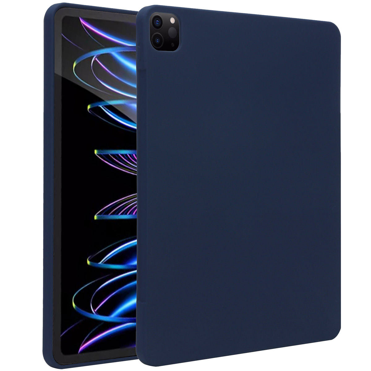 Donkerblauwe tablethoes met een tablet erin. De hoes beschermt de tablet.