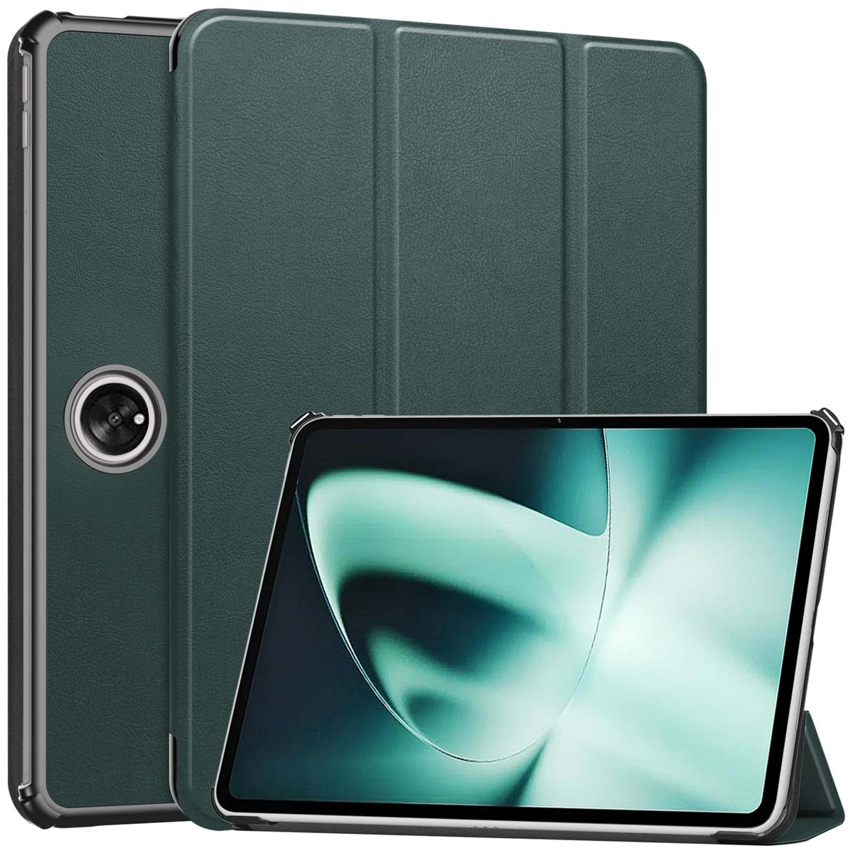 Étui de tablette vert avec tablette à l'intérieur. La tablette a un écran sombre. L'étui a une découpe pour caméra et un support.