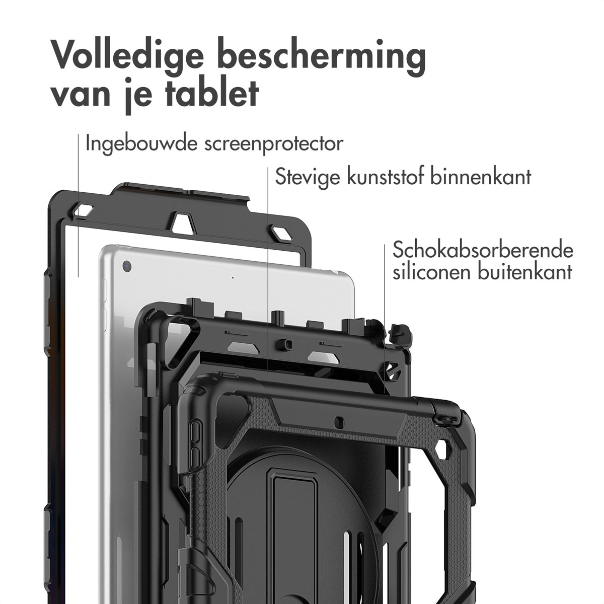 Diagram of tablet case with screen protector, inner plastic, and silicone outer layer.