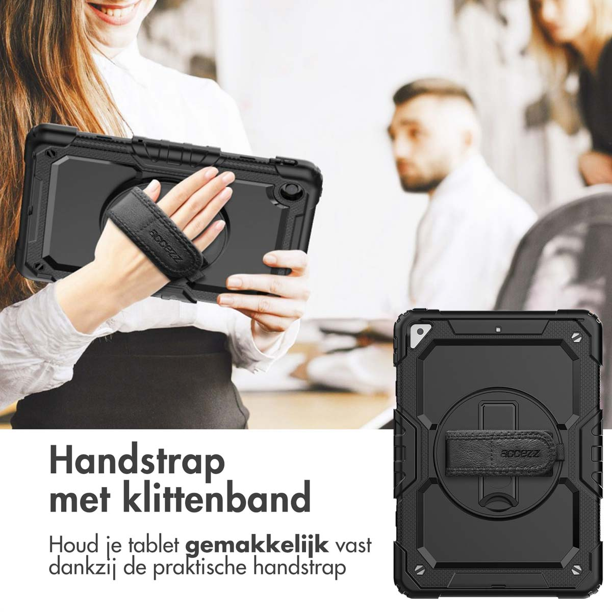 A person holding a black tablet case with a hand strap, text in Dutch.