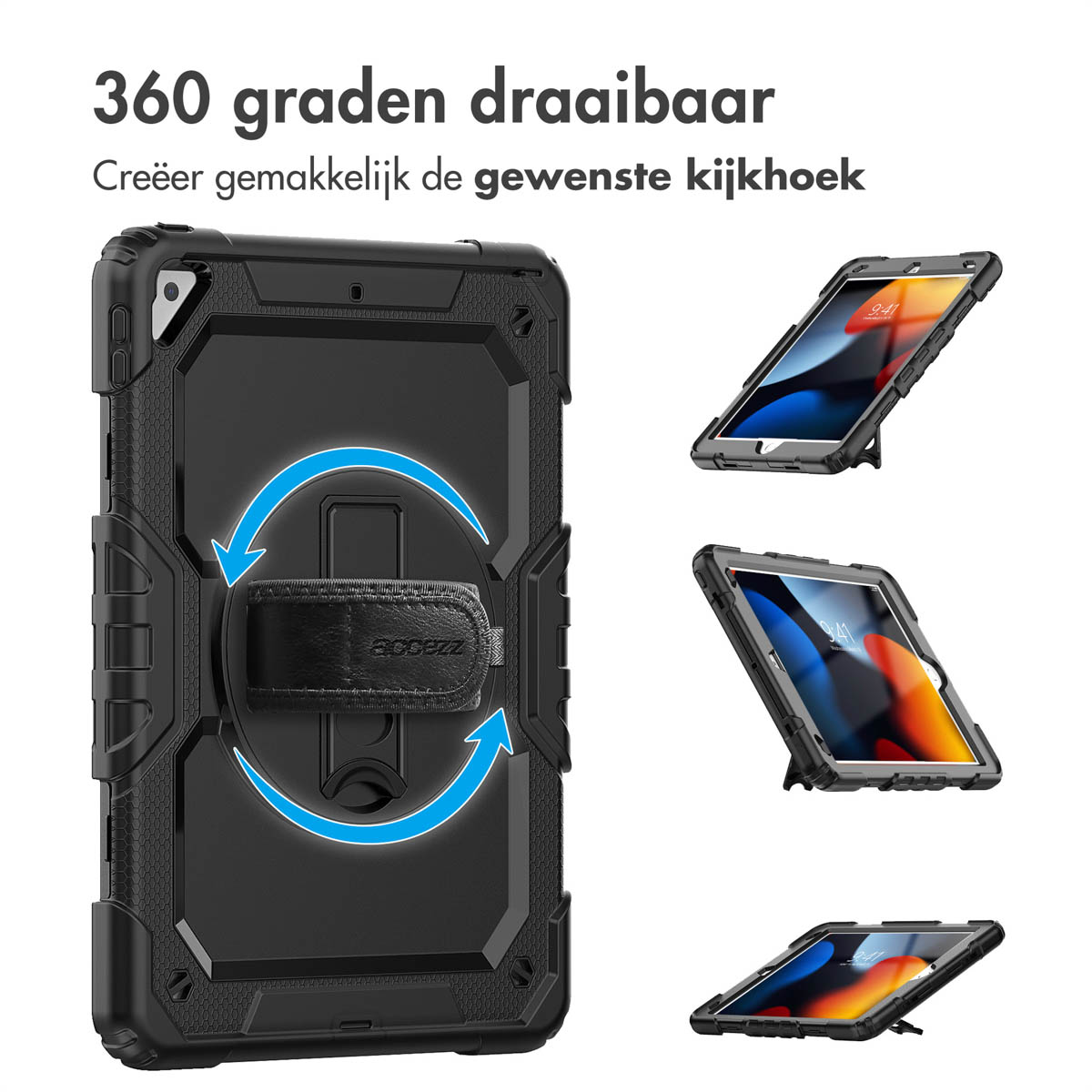 Black tablet case with rotating stand. Three views show different angles.