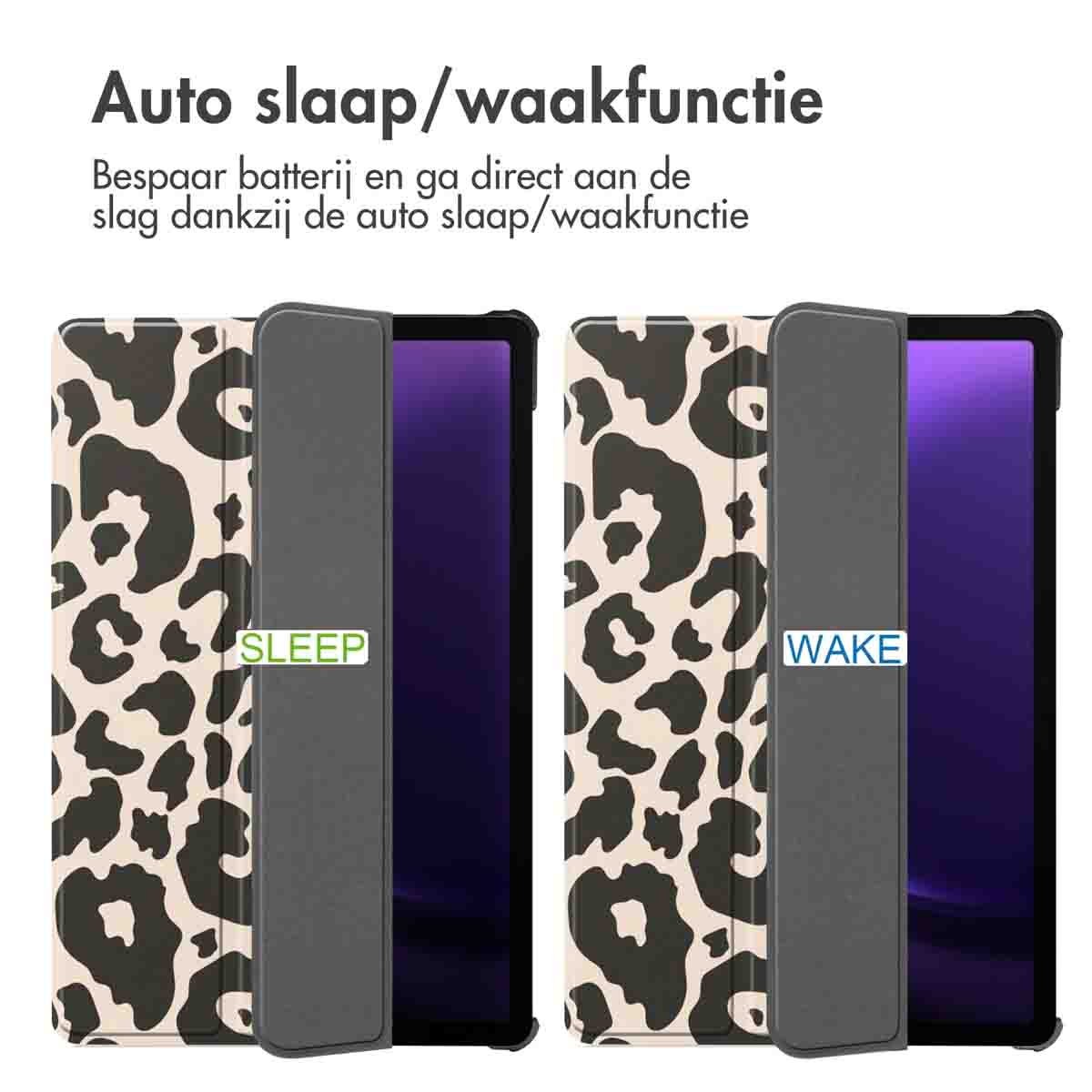 Tablethoes met luipaardprint in slaap- en waakmodus.