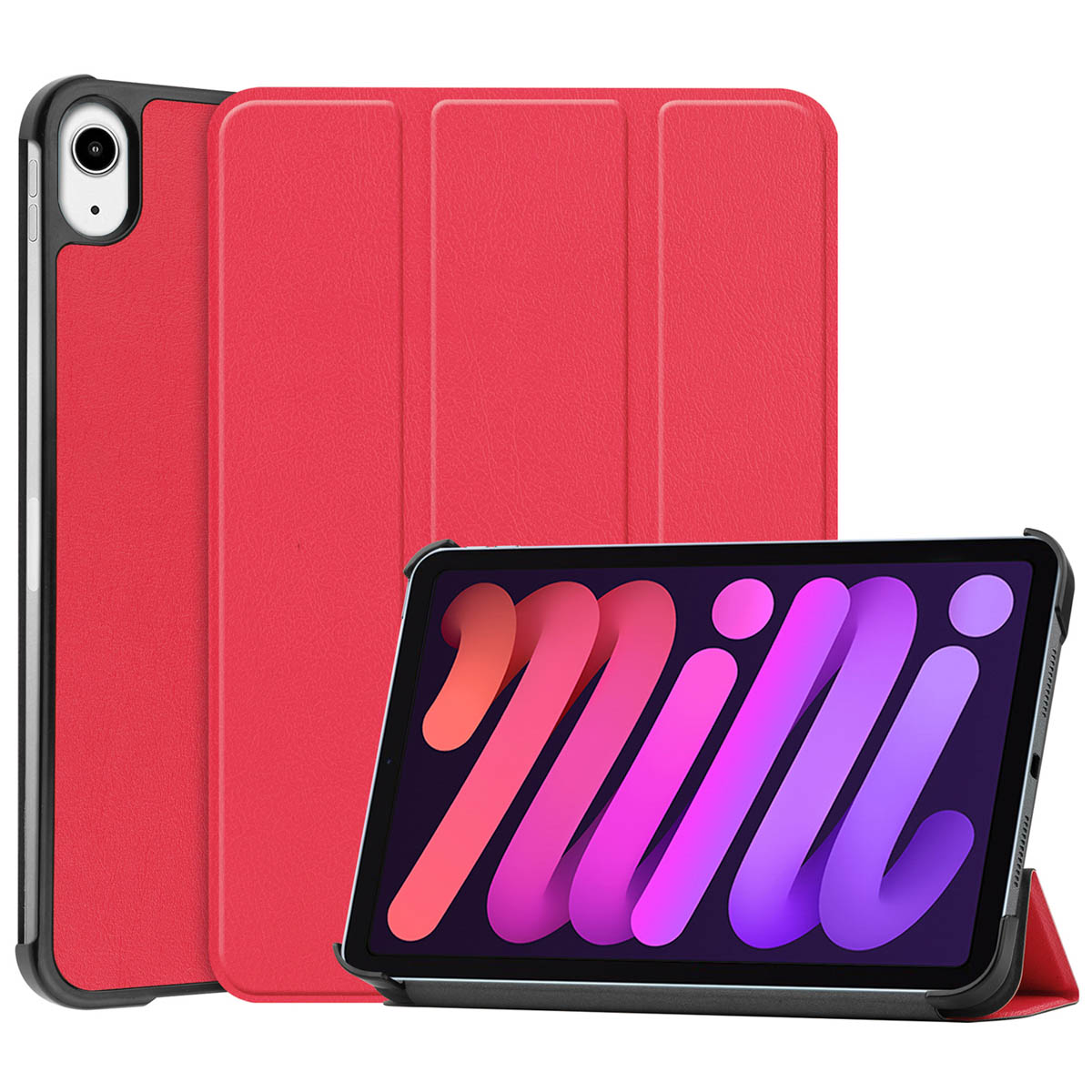 Red tablet case with the tablet inside. The tablet screen displays the word 'niii'.