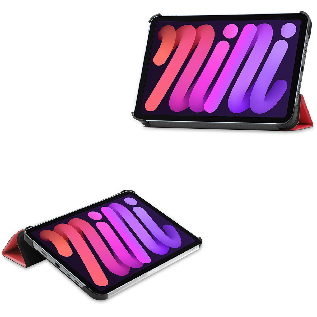 Mini tablet in a case. The tablet is pink and purple with black border.