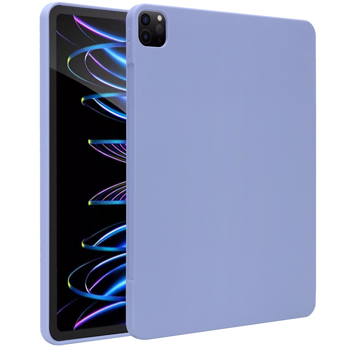 Purple tablet with a case. The tablet is on the left with the case open on the right.