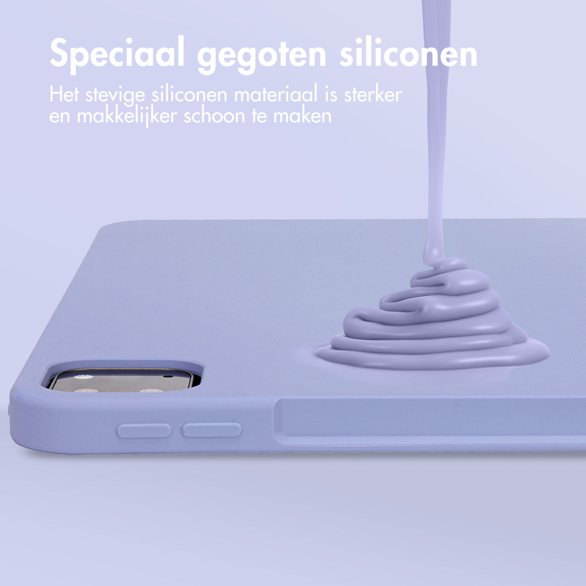 Purple tablet case. Silicone being poured, forming a shape. Text: Specially molded silicone.