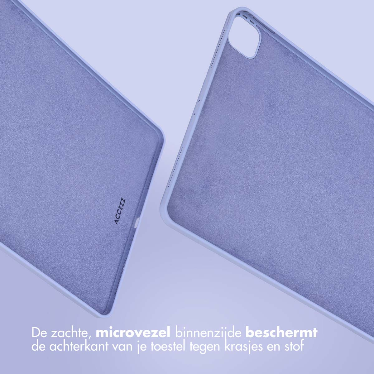 Tablet case inside, light purple. Text on the case reads, "De zachte, microvezel binnenzi..."