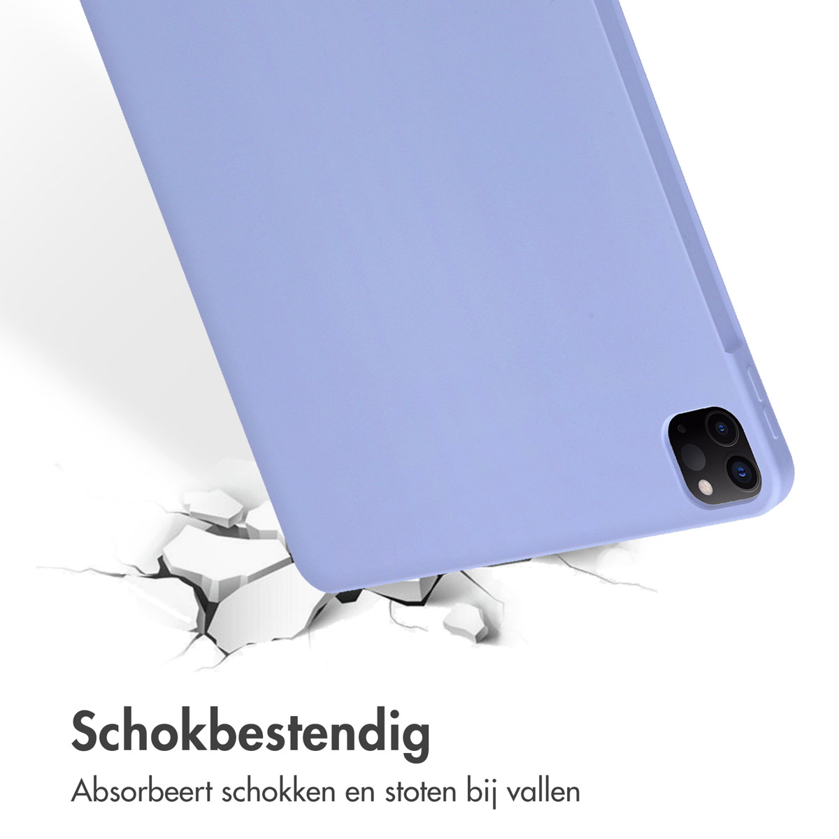 Blue phone case is falling on a cracked surface, with text 'Shockproof' and description below.