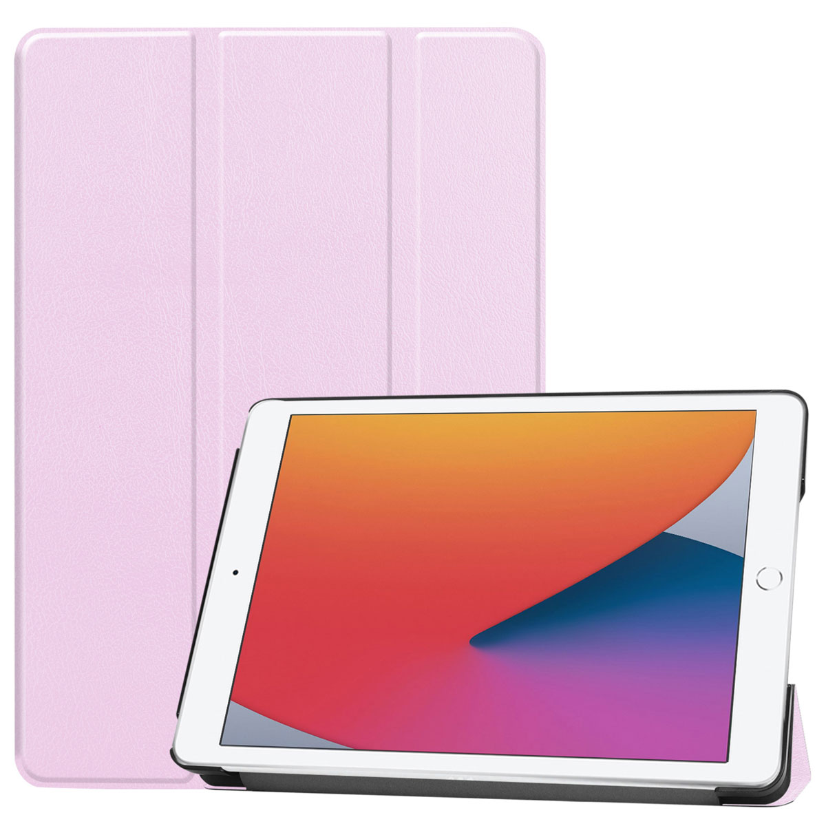 Pink tablet case with a tablet inside, with a closed case behind it.