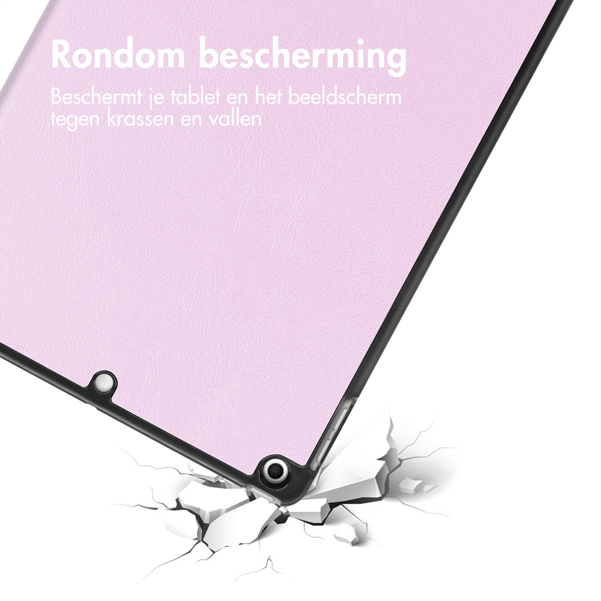 Pink tablet case being dropped, with white cracks around the impact area, showing protection.