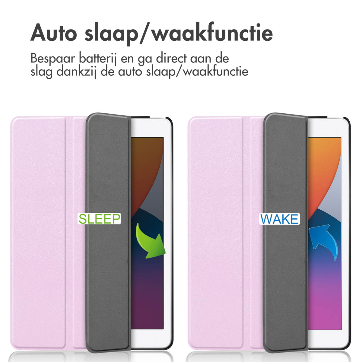 Pink tablet case, open and closed. Shows sleep and wake function. Arrow indicates direction.
