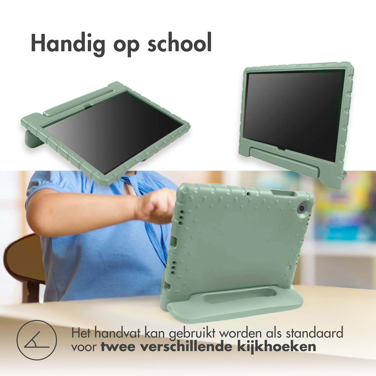 Groene tablethoes, drie weergaven. Tablet erin, op een tafel en in een standpositie.