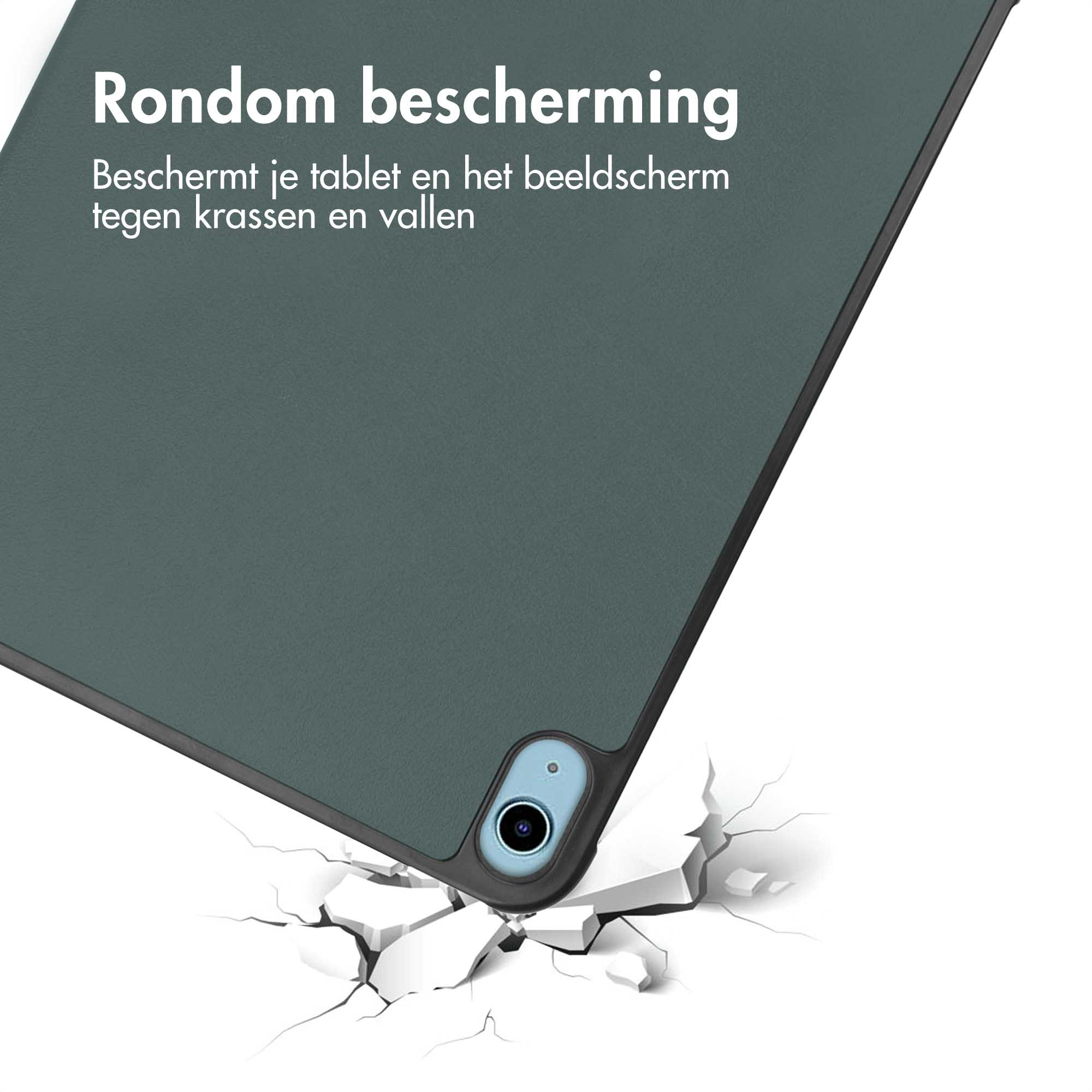 Donkergrijs tablethoes breekt door wit oppervlak. Camera zichtbaar.