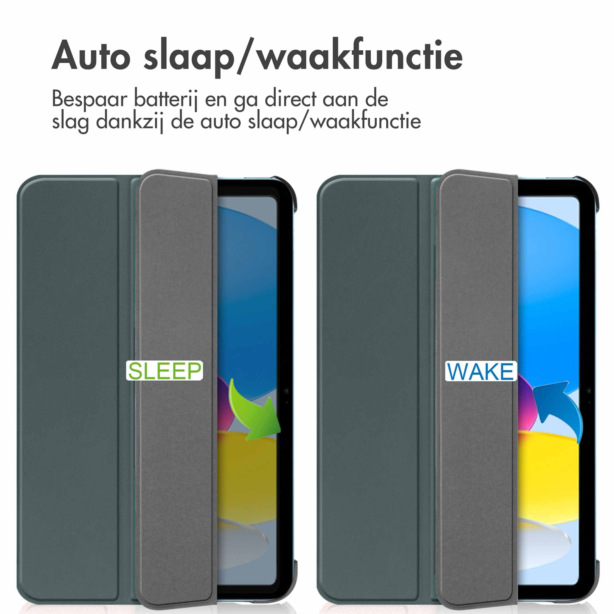 Twee tablethoesjes naast elkaar, één in slaapstand, één in waakstand.