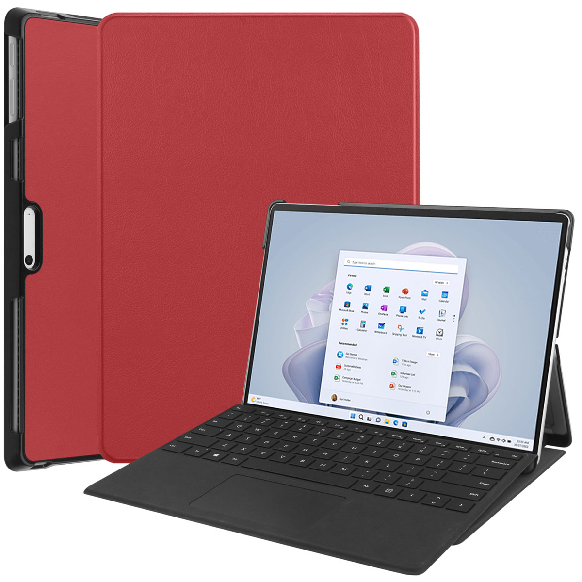 Red tablet case and black keyboard with a tablet showing a Windows screen.