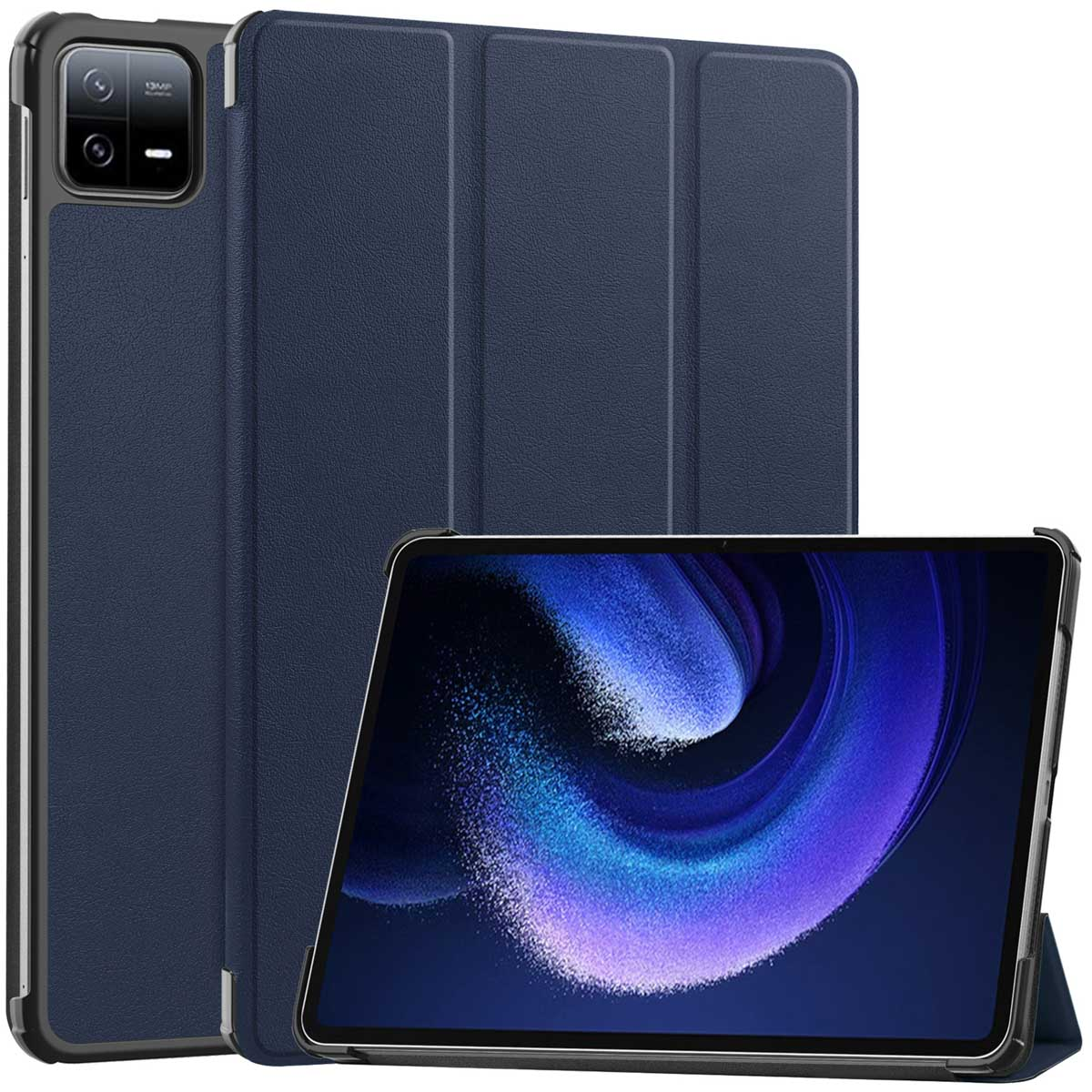 Blue tablet case with tablet inside. Tablet has a blue screen. White background.