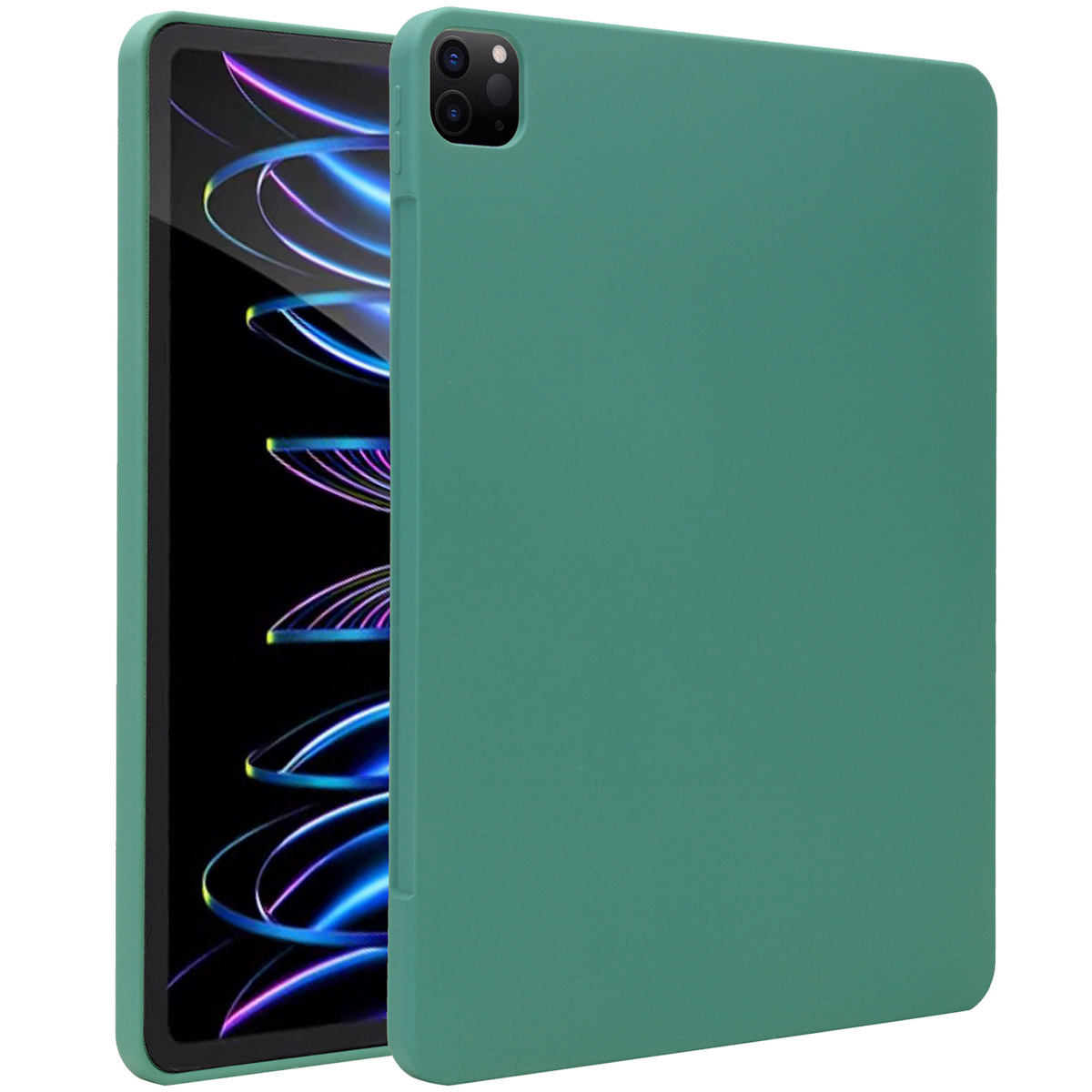 Een groene tablet met een hoesje. De tablet staat links en heeft een scherm en een hoesje rechts.