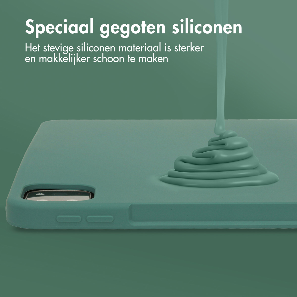Groene siliconen worden op een groene tablethoes gegoten.