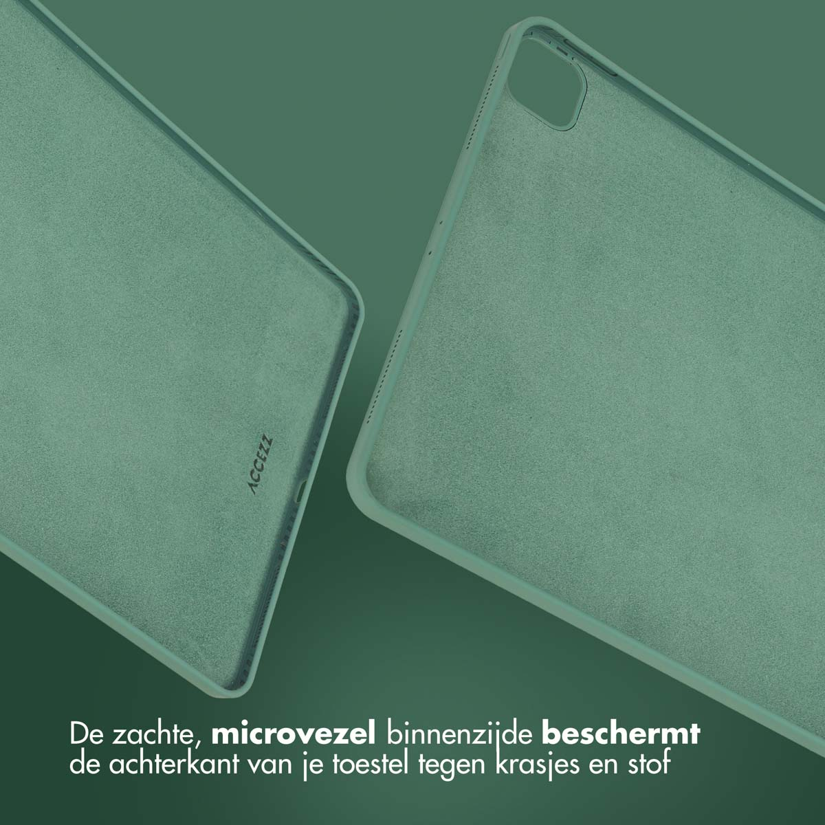 Twee teal panelen van een hoesje. De tekst zegt dat de binnenkant de achterkant beschermt.