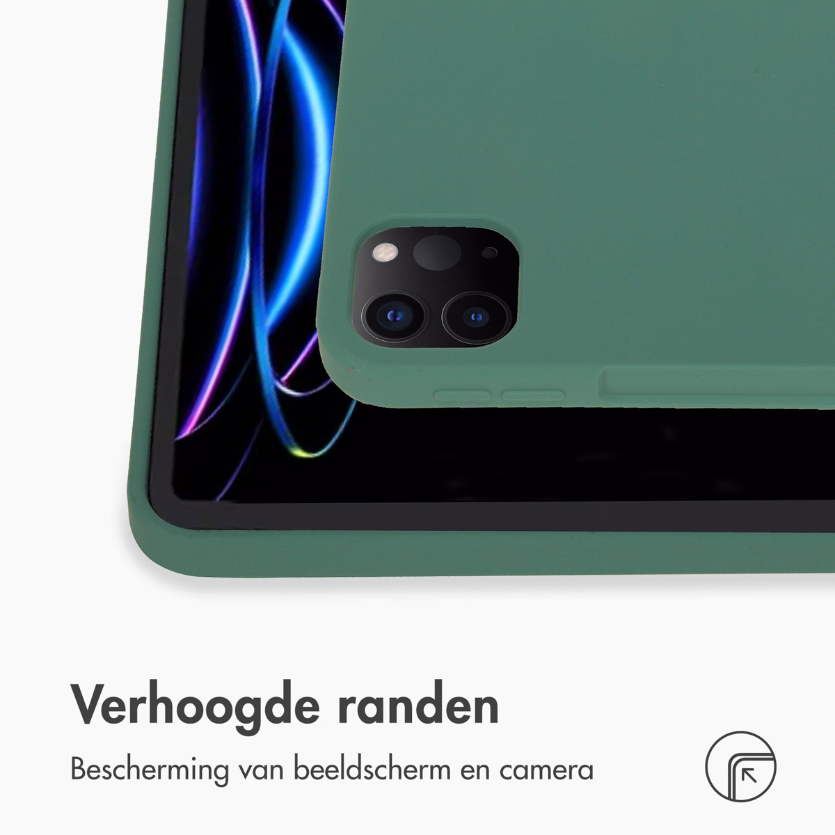 Een tablet in een groene hoes, met het scherm en de randen zichtbaar, op een witte ondergrond.