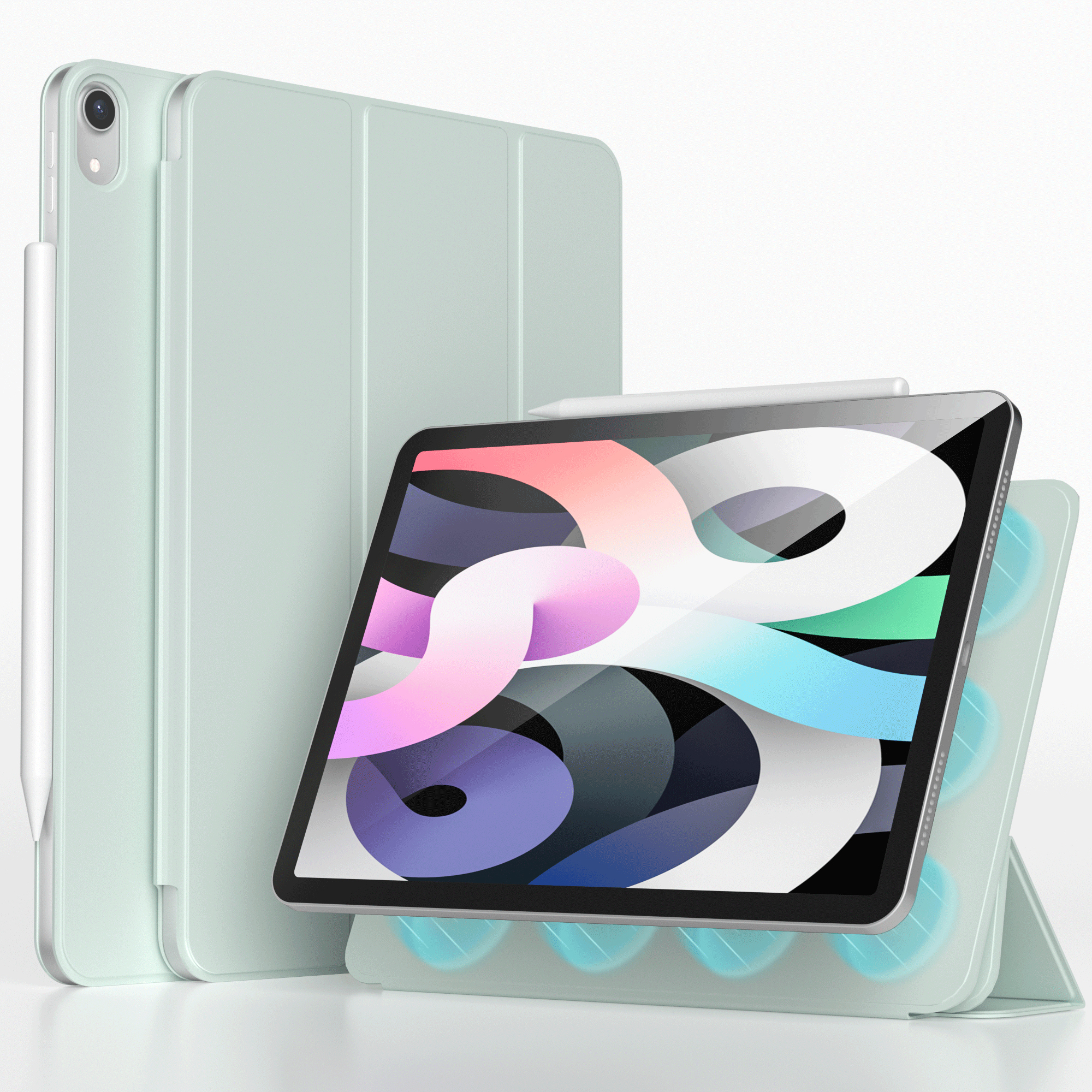 A tablet with a case, standing up, with a stylus. The case is light green.