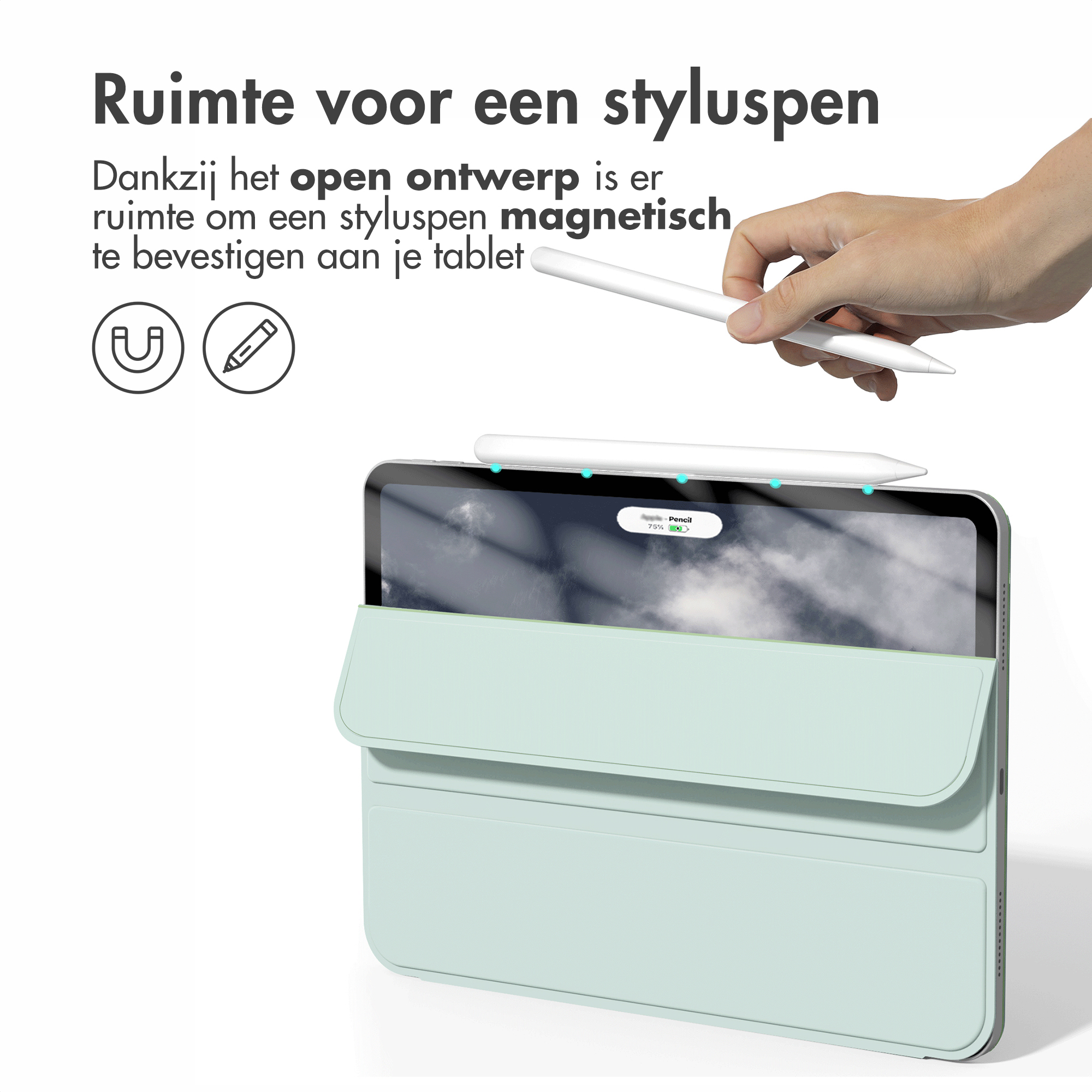 Tablet with a stylus pen. Pen being placed on the tablet case. Case is light green.