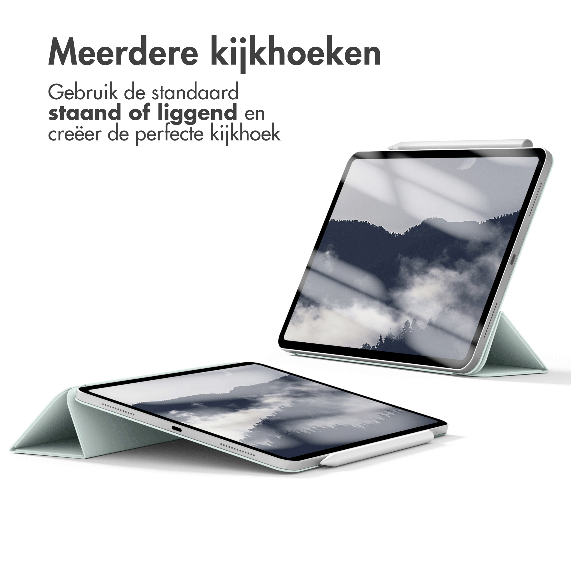 Two tablets in mint-green cases. One is open, showing a forest scene, with a stylus.