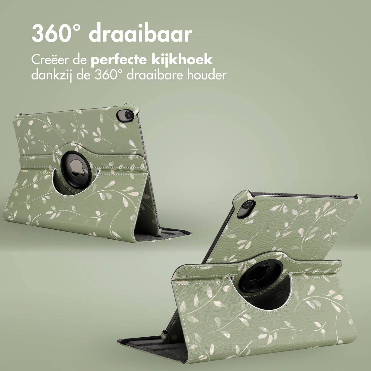 Deux tablettes dans des étuis au design floral vert, montrant les capacités de rotation.