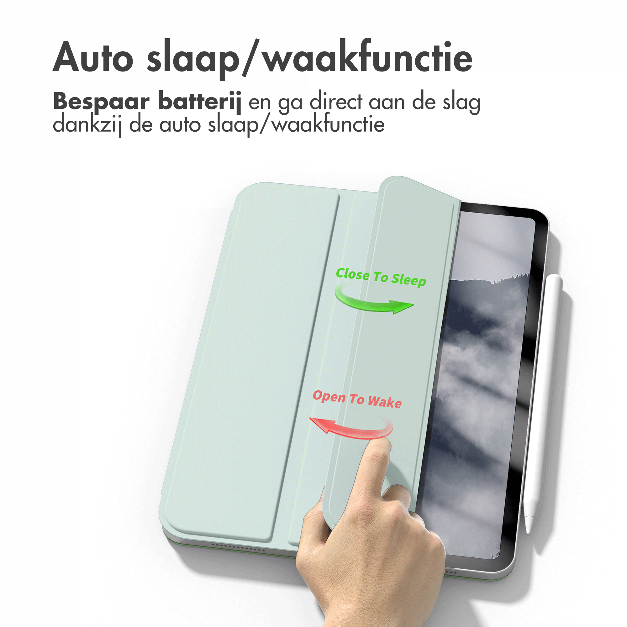 Tablet case with open and closed positions. Text indicates auto sleep/wake function.