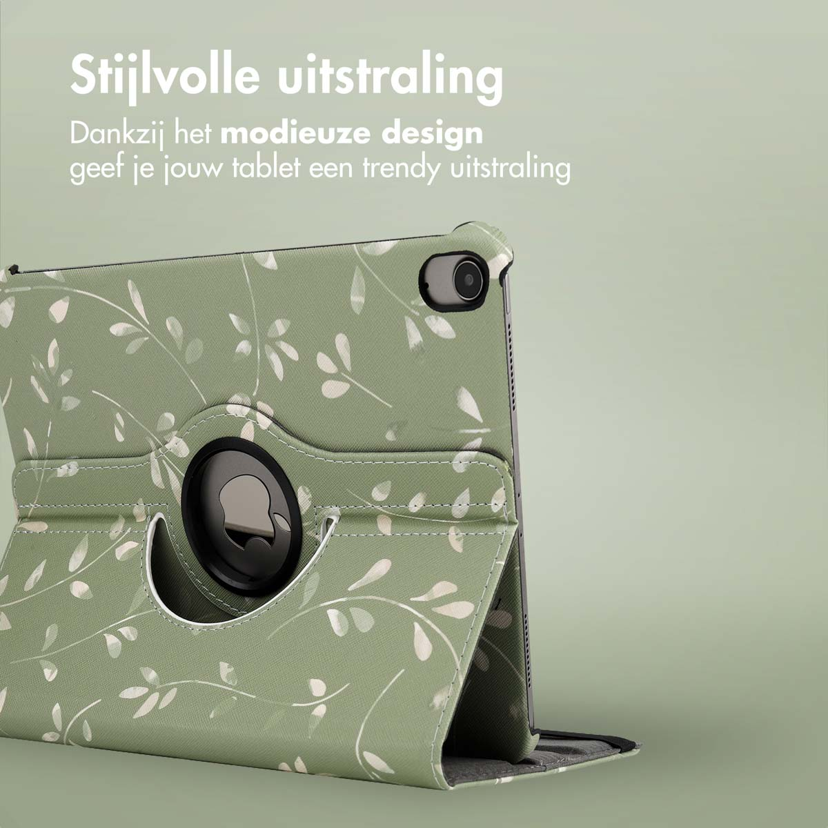 Étui pour tablette vert olive avec motif floral blanc, avec support rotatif. Le fond est vert clair.