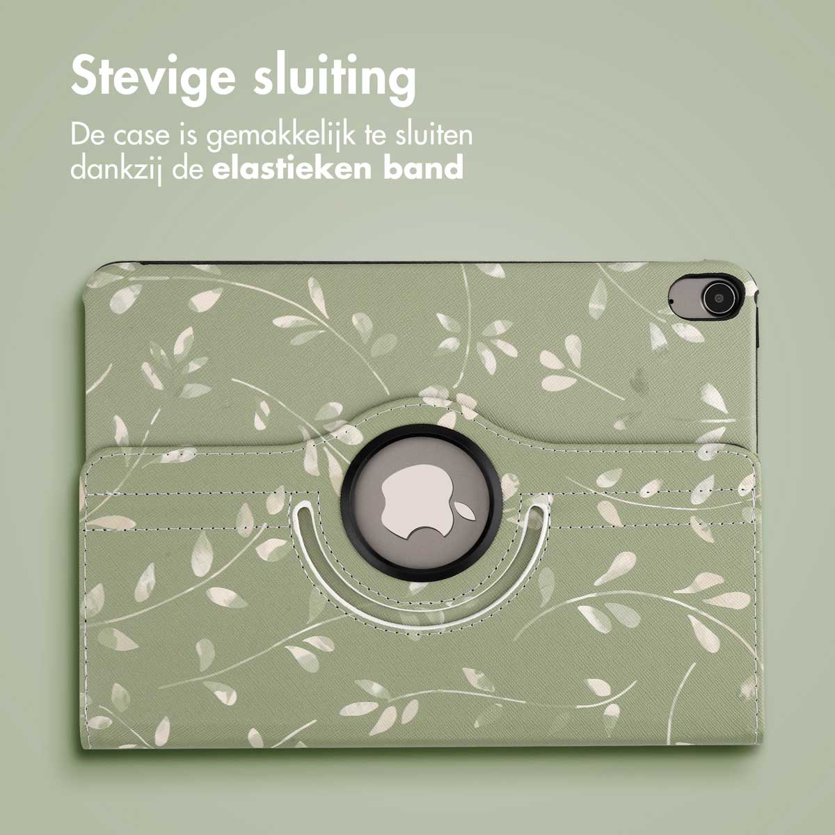 Étui de tablette vert avec un motif floral. Il comporte un logo Apple et une découpe pour la caméra.