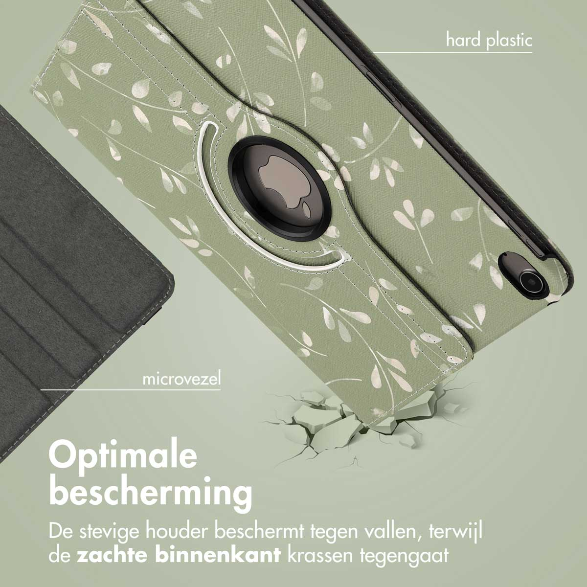 Étui de tablette ouvert, vert avec motif de feuilles blanches. Matériau en plastique dur et microvezel, avec texte : Protection optimale.