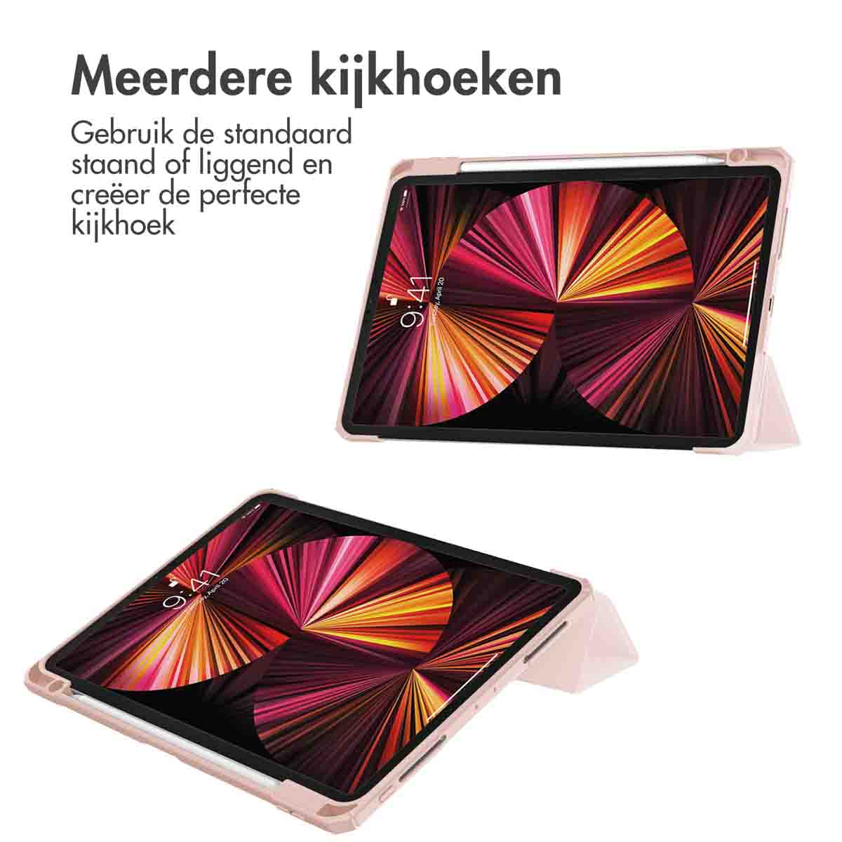 Two tablets in a pink case, showing different viewing angles. One is upright, the other flat.